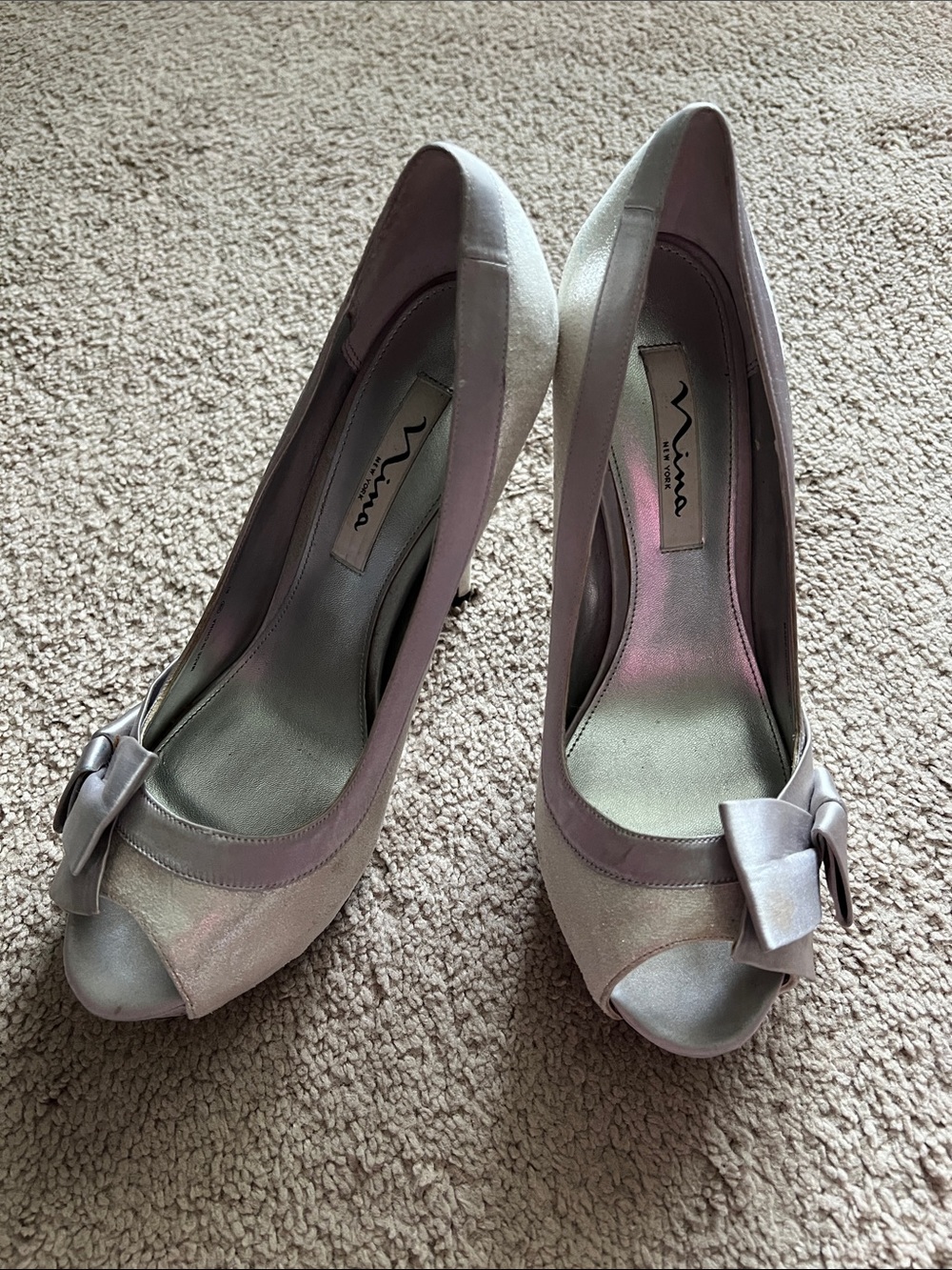 Nina Pale Pink Satin Peep-Toe Heels with Bow Accent
